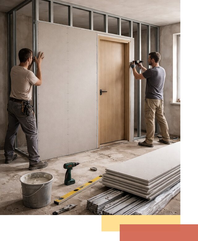 Перегородка из гипсокартона с дверью под ключ в Хабаровске