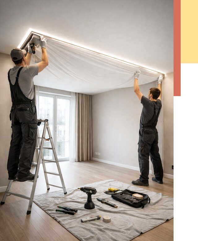 Монтаж парящего натяжного потолка в Хабаровске от 4630 руб. быстро и недорого | ОТДЕЛОЧНИК-Хбр