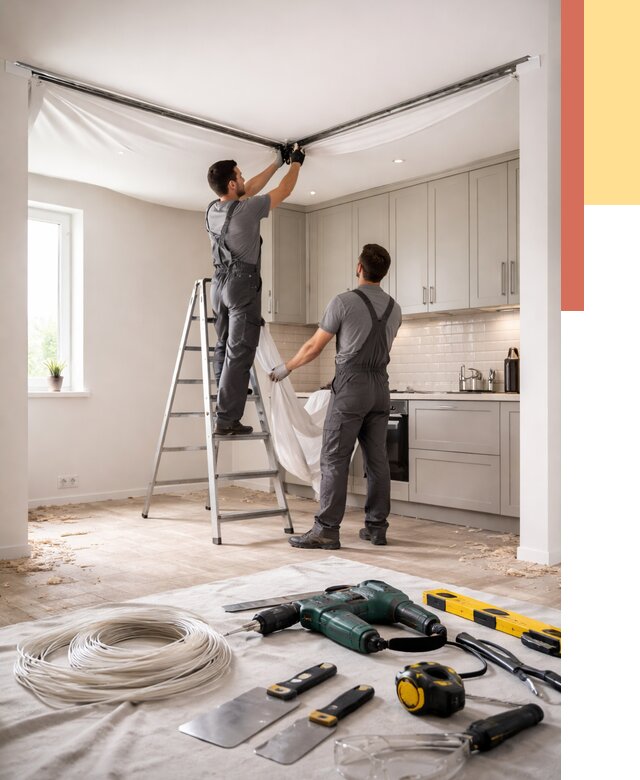 Установка натяжного потолка на кухне в Хабаровске от 2469 руб. | ОТДЕЛОЧНИК-Хбр