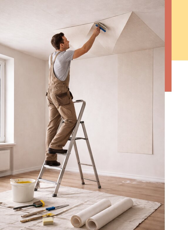 Поклейка обоев на потолок в Хабаровске от 4630 руб. быстро и недорого | ОТДЕЛОЧНИК-Хбр